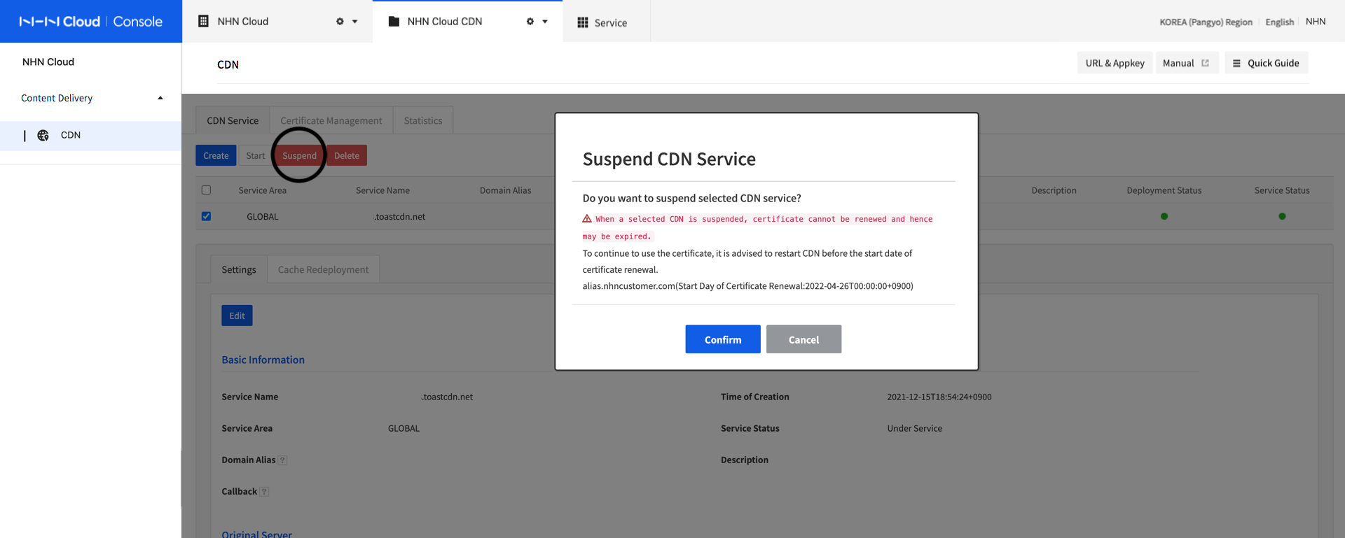 CDN Service- Suspend